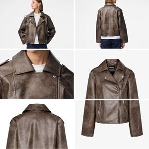 PIECES Faux-Leather Moto Jacket Faded Brown - Chicory Root